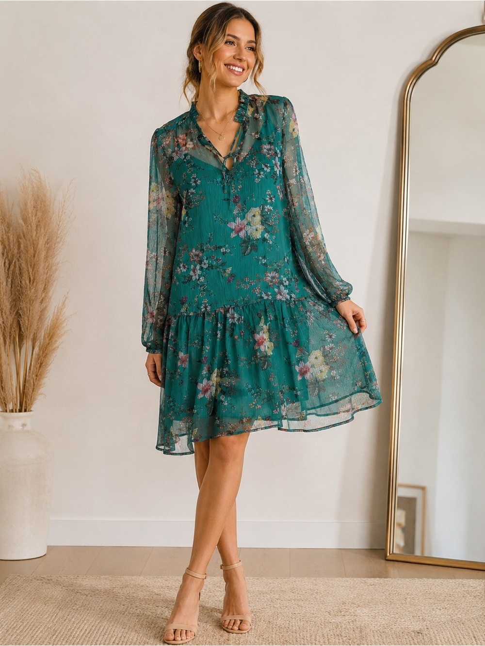 Maeve Anthropologie Floral Chiffon Mini Dress XS Green Long Sleeve